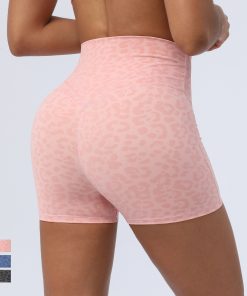 High Waist Tummy Control Women Animal Yoga Sports Shorts Cross V Elastic Waist Leopard Print Nylon Soft Biker Shorts