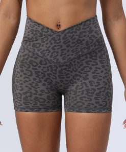 Alternative view of High Waist Tummy Control Women Animal Yoga Sports Shorts Cross V Elastic Waist Leopard Print Nylon Soft Biker Shorts