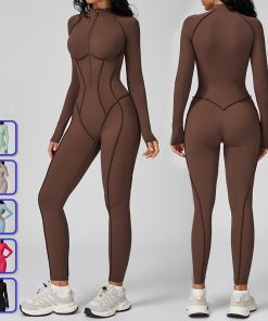 Custom Compression Onesie Workout Yoga Bodysuit Long Sleeve Backless Sports Rompers Zippered Front Gym Fitness Jumpsuits