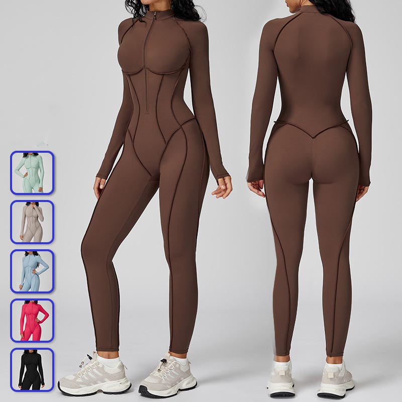 Custom Compression Onesie Workout Yoga Bodysuit Long Sleeve Backless Sports Rompers Zippered Front Gym Fitness Jumpsuits